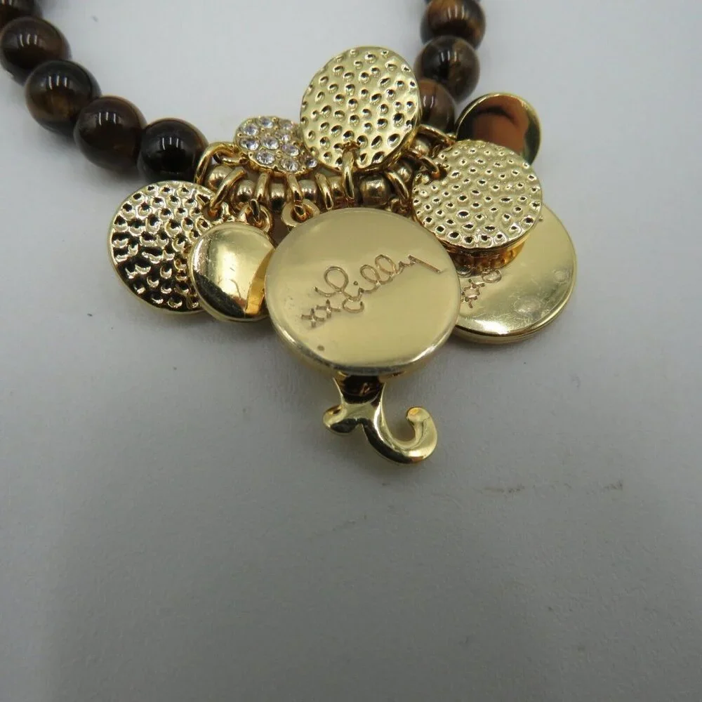 Lilly Pulitzer Bracelet Tigers Eye Beads Gold Tone Charms Rhinestones Stretch - Picture 6 of 6